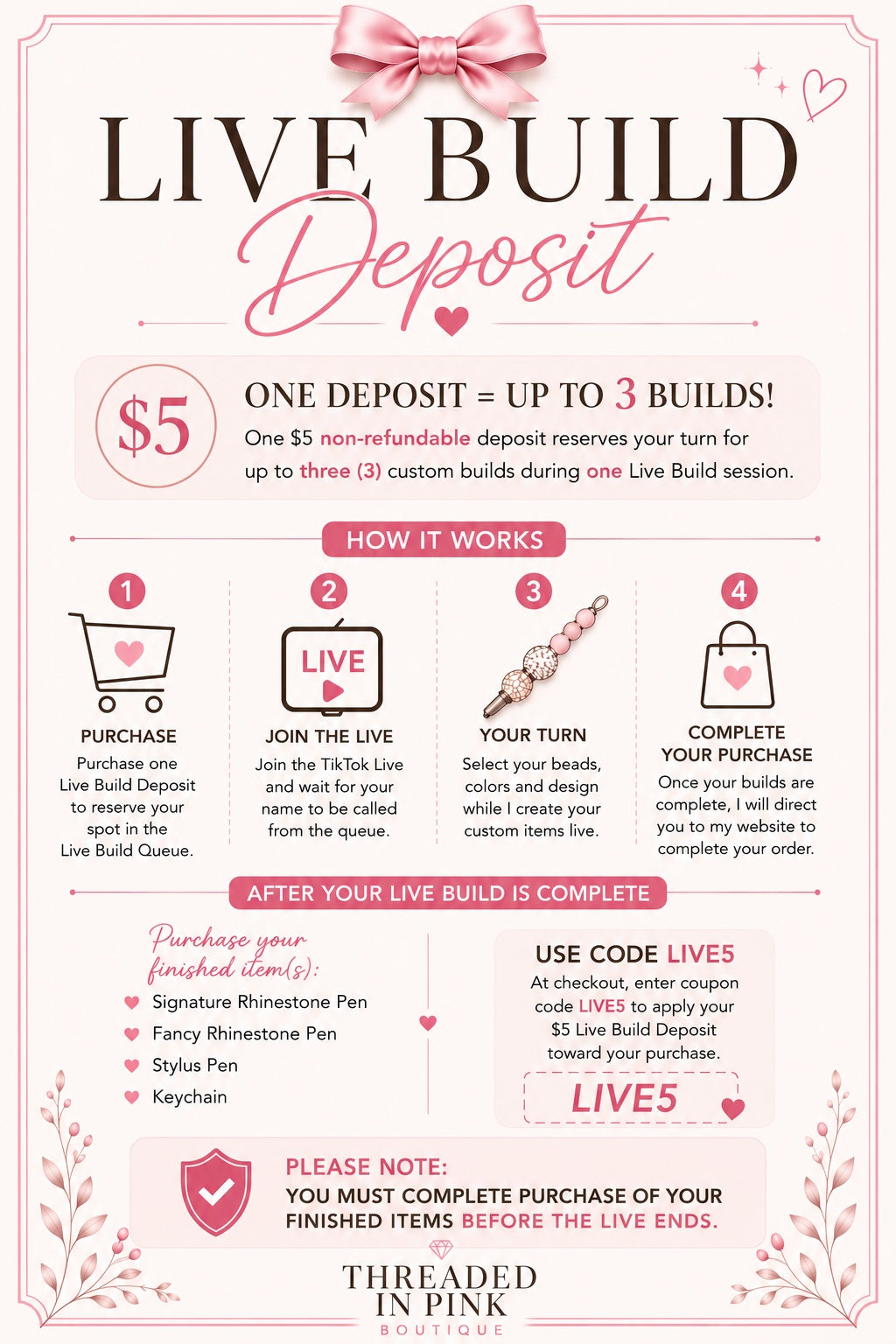 Live Build Deposit (no shipping charged)